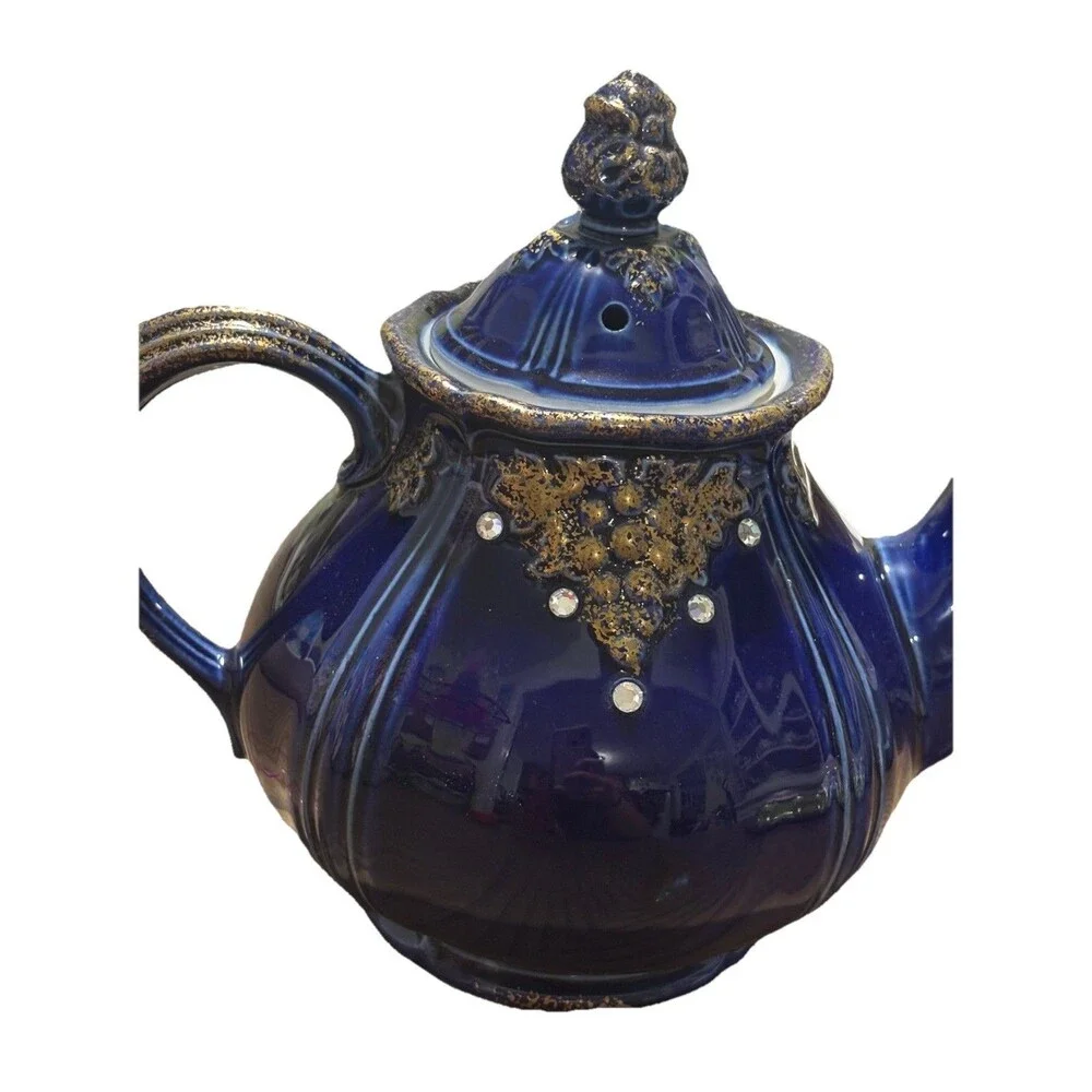 Rare Hall China Cobalt Blue Rhinestone Gold Teapot 6 Cup USA Vintage 01043
